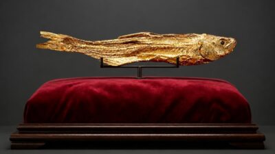 A salted fish covered in gold leaf displayed on a red velvet cushion