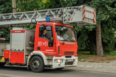 An Iveco Magirus fire rescue vehicle in operation — Magirus is a commercial vehicle brand within Iveco Group, the Italian manufacturer being acquired by Tata Motors