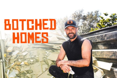 Contractor Charlie Kawas crouches beside a dumpster of demolition debris in the key art for the renovation-rescue series Botched Homes