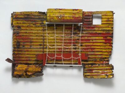 Rasputins Revenge Early Winter Glut 1987 by Robert Rauschenberg, corrugated scrap metal panels in yellow and red with white chain frame