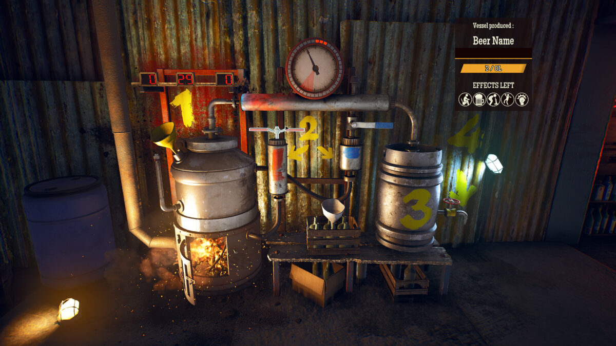 Makeshift moonshine distillery equipment in the backroom of Roadhouse Simulator