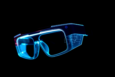 Abstract editorial visualization of AR glasses with glowing blue digital overlay on dark studio background