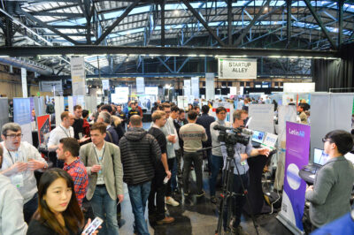 Startup Alley exhibitor tables at TechCrunch Disrupt