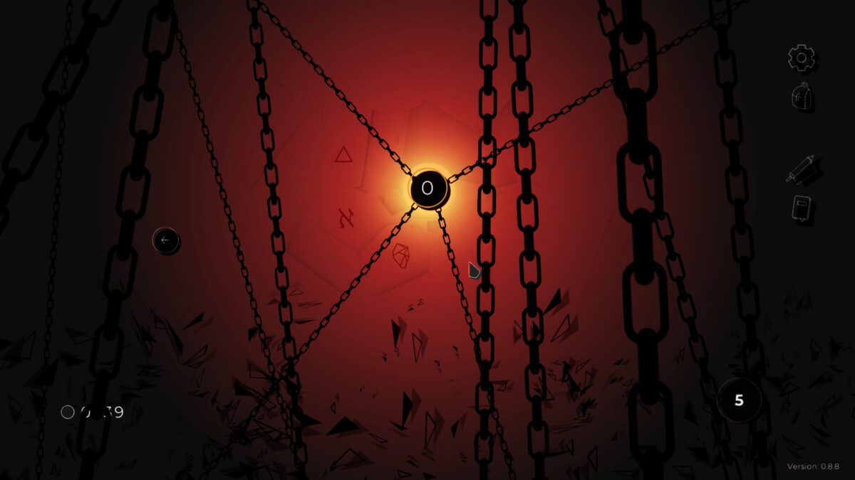 Stip gameplay screenshot showing a dark ominous room with chains and a glowing number