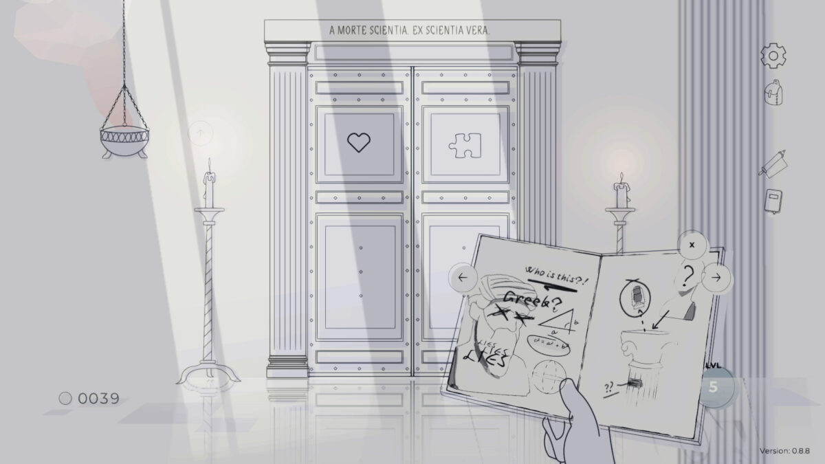 Stip gameplay screenshot showing a hand holding a journal in a sketch-style puzzle room