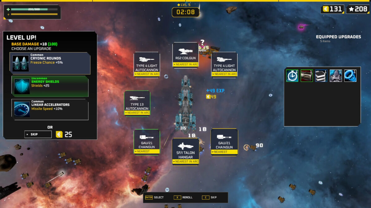 Level-up upgrade selection screen showing weapon and passive choices in Sublight