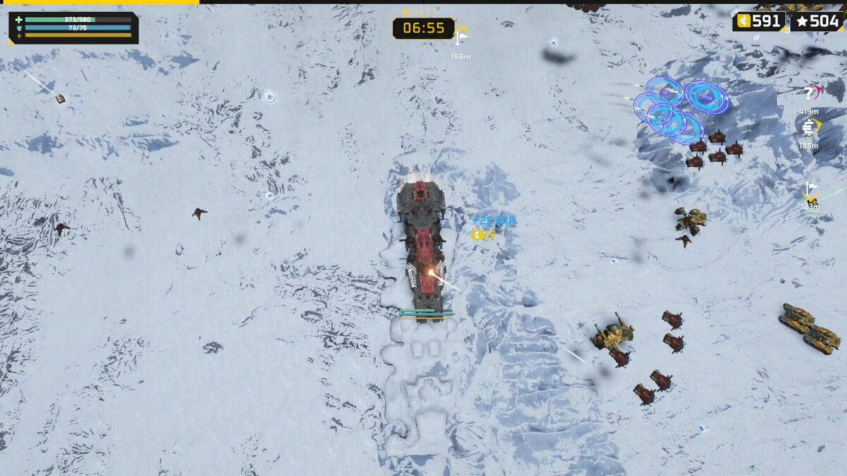 A battleship traverses a frozen sector while engaging enemy ground units in Sublight
