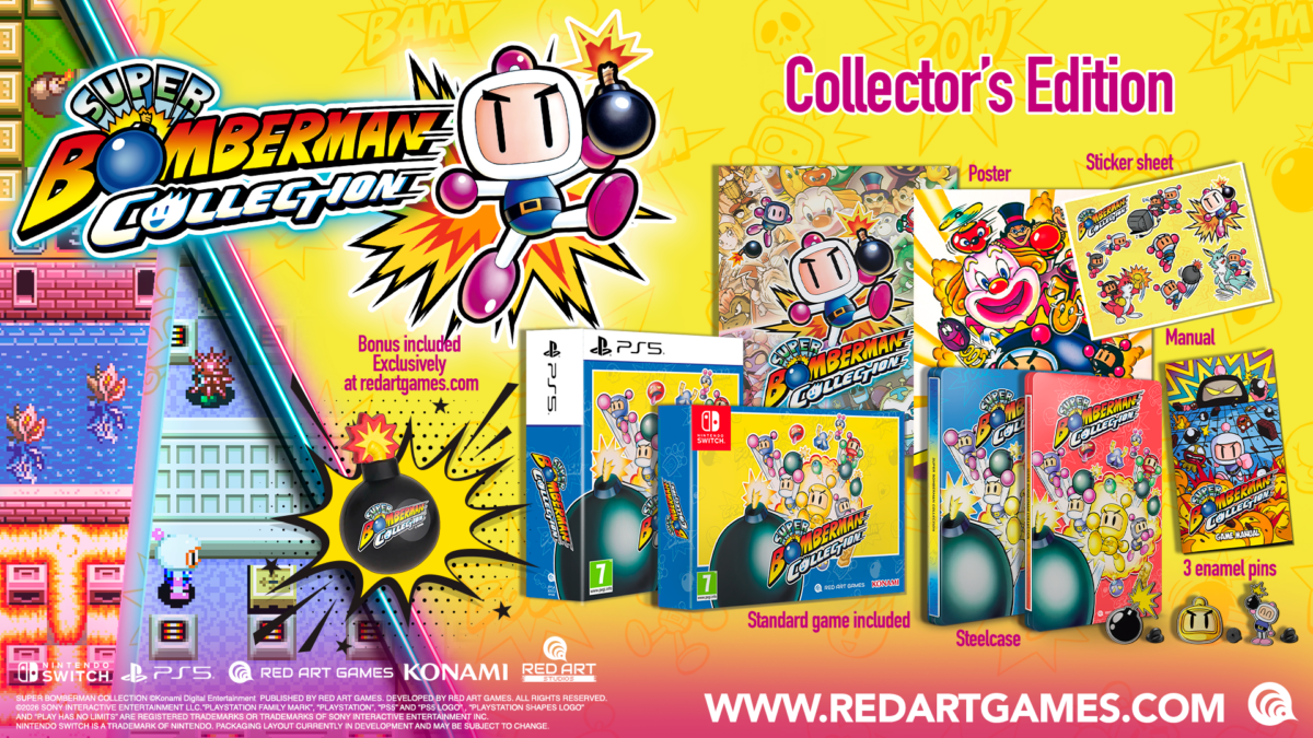 Super Bomberman Collection Collectors Edition physical box contents including steelcase, pins, poster and stress ball