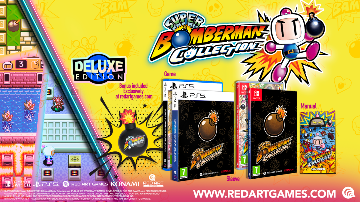 Super Bomberman Collection Deluxe Edition for PS5 and Nintendo Switch with exclusive sleeve and stress ball