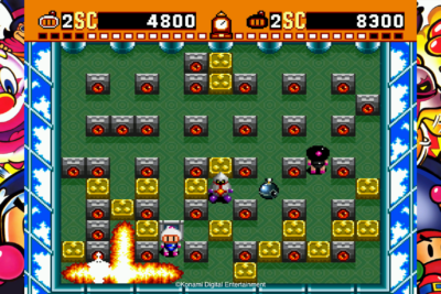 Super Bomberman gameplay arena with Bomberman characters on a classic SNES-style grid