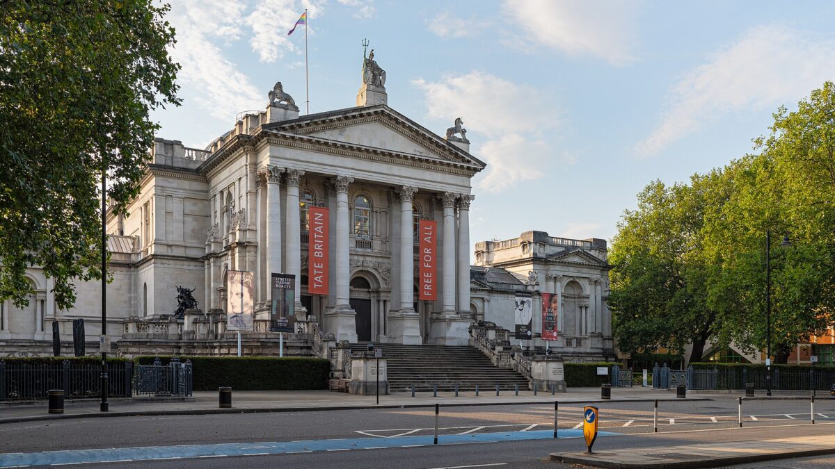 The neoclassical portico of Tate Britain on Millbank in London