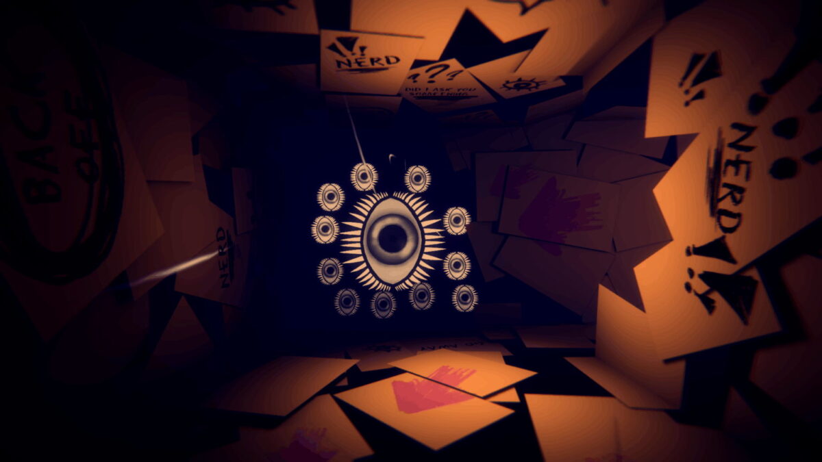 Sinister all-seeing eye symbol surrounded by scattered papers in Time To Wake Up