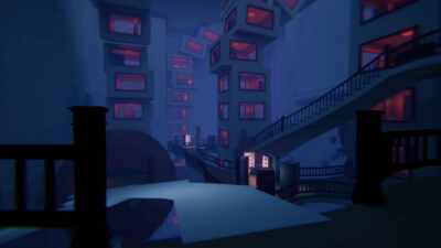 Surreal impossible school courtyard with dark blue architecture and glowing windows in Time To Wake Up