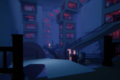 Surreal impossible school courtyard with dark blue architecture and glowing windows in Time To Wake Up