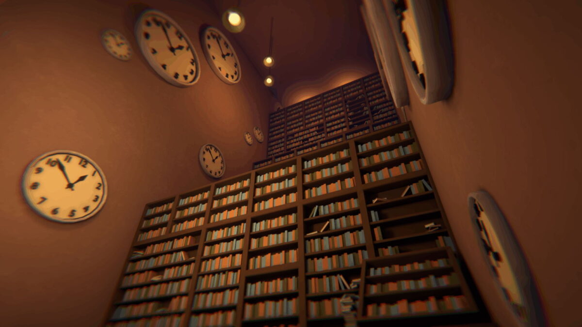 Surreal library with clocks on the walls and towering bookshelves in Time To Wake Up