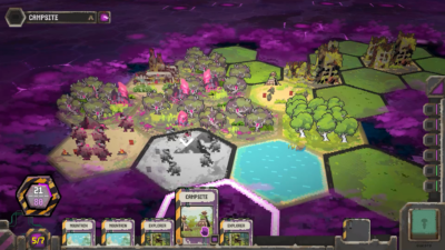 Toxic Frontier hex grid gameplay showing purple toxic terrain and card hand