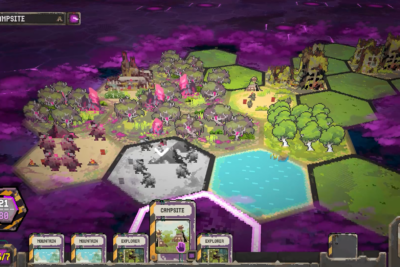 Toxic Frontier hex grid gameplay showing purple toxic terrain and card hand