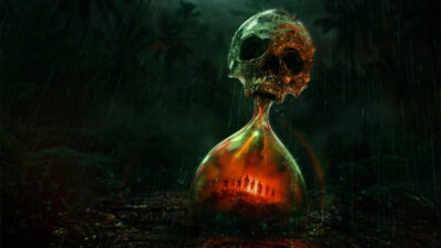 Until Dawn 2 key art, a skull-topped hourglass in a rainy jungle with eight small silhouettes glowing inside
