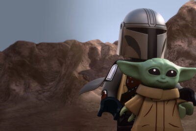 LEGO minifigure versions of Din Djarin and Grogu in LEGO Star Wars: The Mandalorian