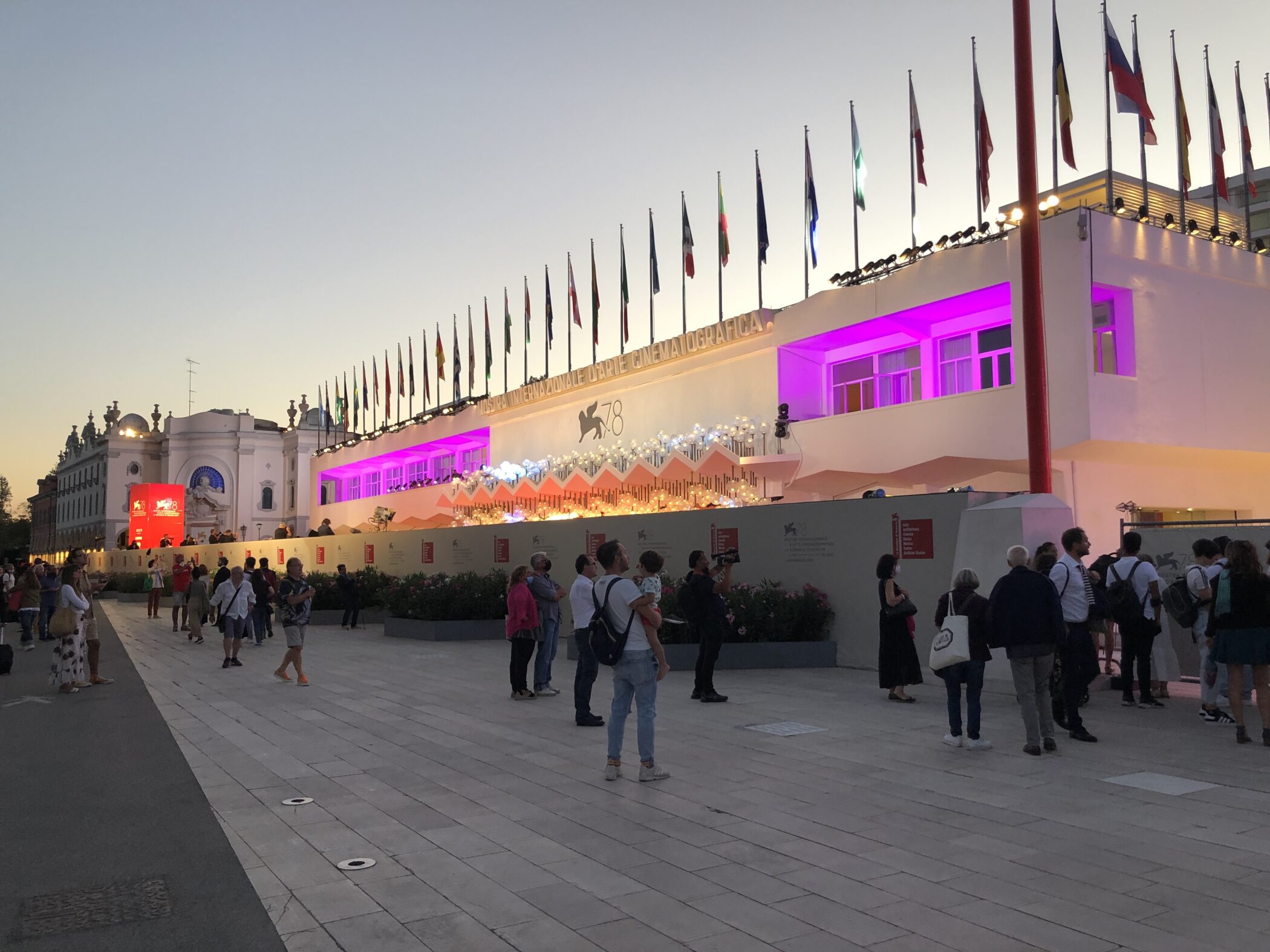 The Palazzo del Cinema on the Lido at dusk during the Venice Film Festival