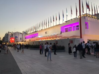 The Palazzo del Cinema on the Lido at dusk during the Venice Film Festival