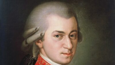 Posthumous portrait of Wolfgang Amadeus Mozart in a red coat by Barbara Krafft, 1819