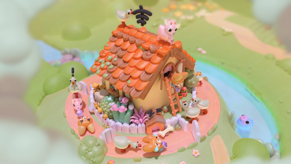 Woodo completed diorama scene with Foxy the fox and animal friends gathered around a cottage