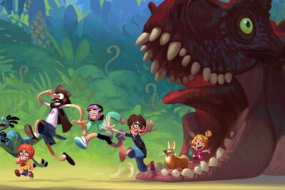 A scene from the animated feature The Dino Family, directed by Maxim Volkov, with the young hero fleeing a giant dinosaur.