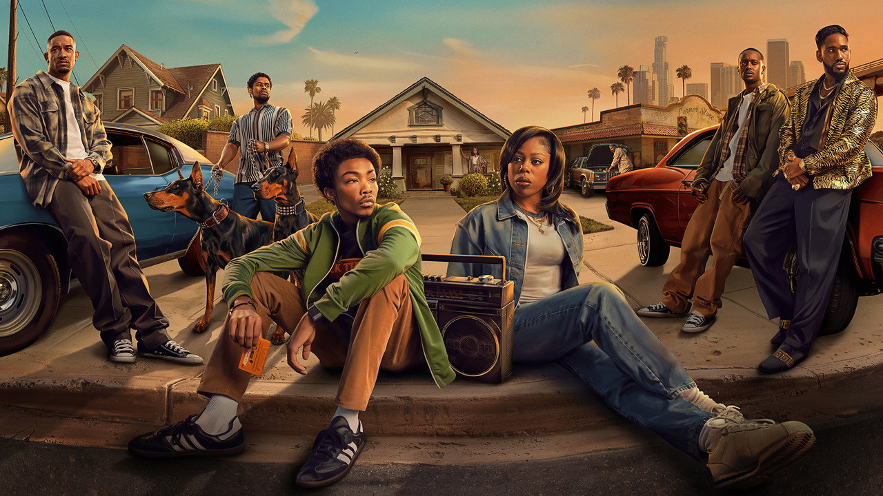 1990s Los Angeles ensemble key art for The Drop: A Snowfall Saga, with Wanda Bell and Leon Simmons on a curb beside a boombox and classic cars