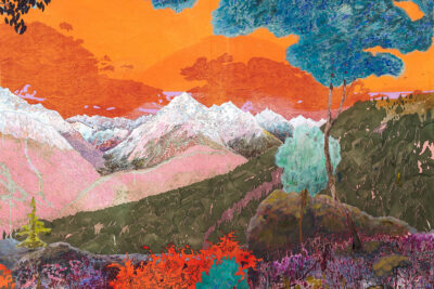 Colorful landscape painting with mountains and wildflowers by Pierre Knop