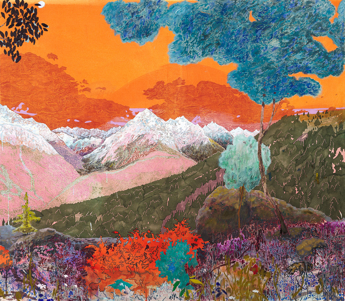 Colorful landscape painting with mountains and wildflowers by Pierre Knop