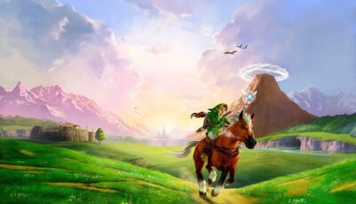 The Legend of Zelda: Ocarina of Time key art, Link riding Epona across Hyrule Field toward Death Mountain