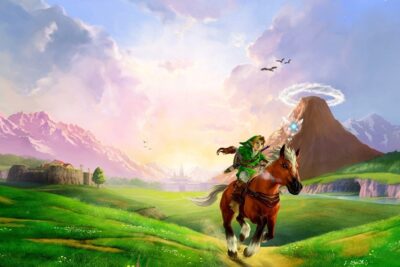 The Legend of Zelda: Ocarina of Time key art, Link riding Epona across Hyrule Field toward Death Mountain