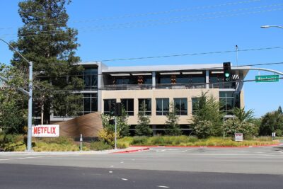 Netflix sign outside the company's office building at 101 Albright Way on its Los Gatos, California campus