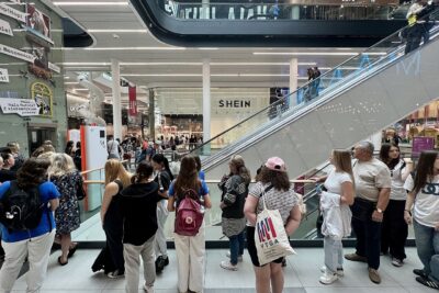 Shoppers queue in front of a Shein store at the Galeria Młociny shopping centre in Warsaw
