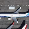 Aerial view of the Boeing 737 MAX 10 test aircraft N27752 in Boeing house livery parked on an apron at Grant County, Washington