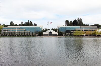 Nike World Headquarters buildings across the lake on the company campus in Beaverton, Oregon