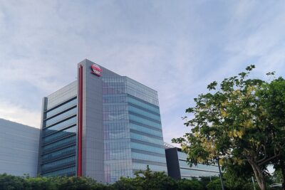 TSMC office and fab building with the company logo at the Central Taiwan Science Park in Taichung