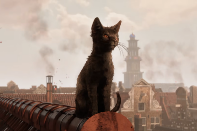 1666: Amsterdam — Aaron, the black cat companion of Noa, perched on a tiled rooftop above 17th-century Amsterdam