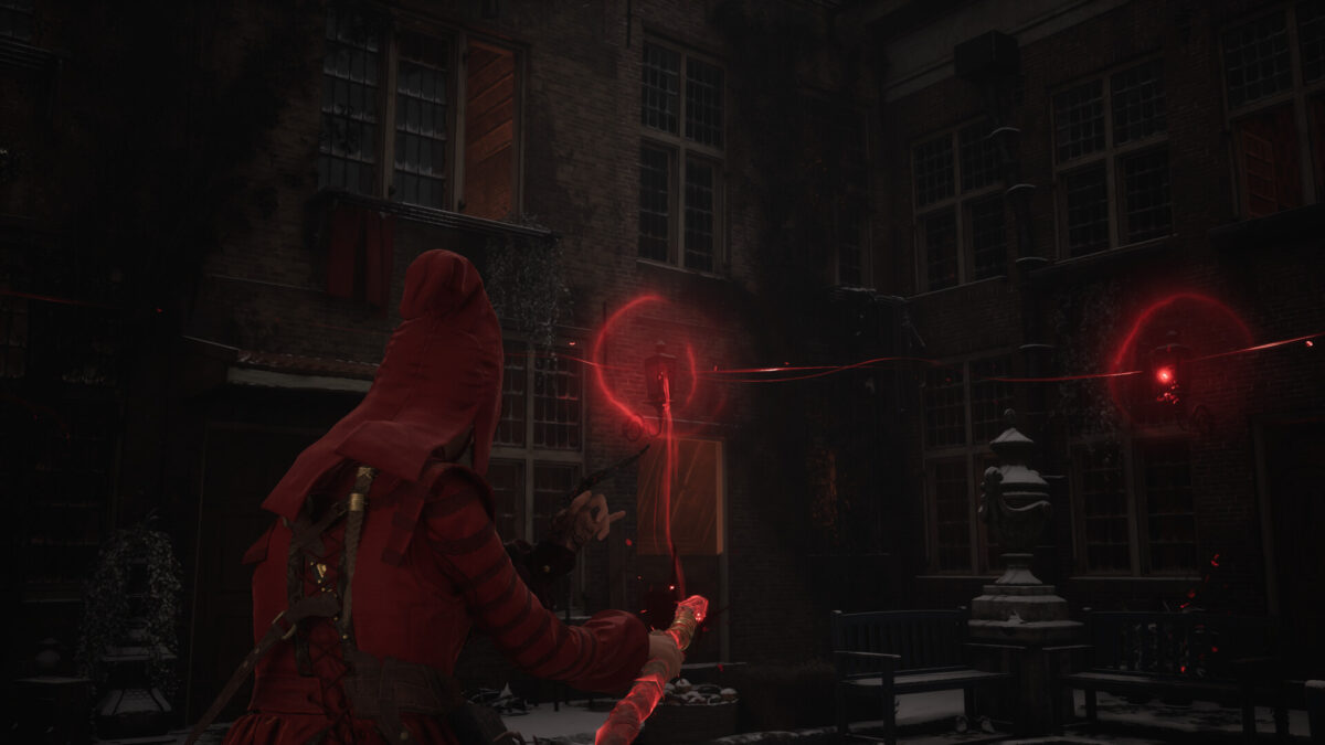 1666: Amsterdam — Noa, in her red Collector robes, faces a demonic Original in a chequered courtyard