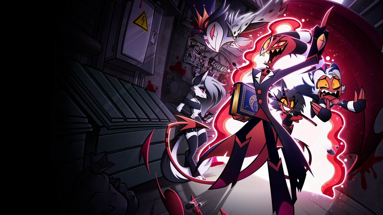 Key art for Helluva Boss: Blitzø holding a blue spell book bursts from a red portal into a dark alley, with Moxxie, Millie, Loona and Stolas around him