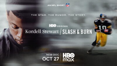 Official HBO key art for Kordell Stewart / Slash & Burn, showing Kordell Stewart in close-up beside an image of him running with the ball in a Pittsburgh Steelers number 10 uniform