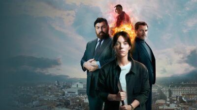 Vicky Luengo as Antonia Scott in front of the Madrid skyline in the key art for the Prime Video series Red Queen