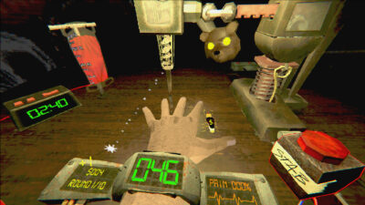 A hand strapped under the stabbing machine as a bear-headed captor watches in 500 Finger Fillet
