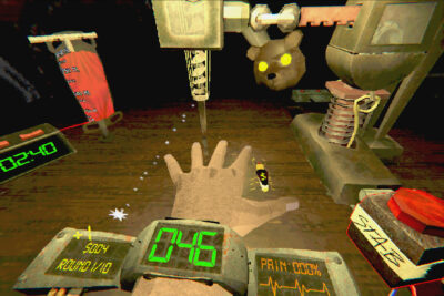 A hand strapped under the stabbing machine as a bear-headed captor watches in 500 Finger Fillet