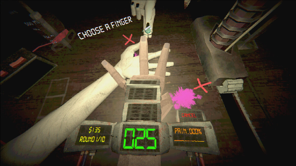 The Choose a finger prompt above a bleeding hand in 500 Finger Fillet