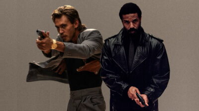 Austin Butler as Sonny Crockett and Michael B. Jordan as Ricardo Tubbs in the first-look image from Miami Vice ’85