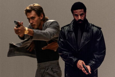 Austin Butler as Sonny Crockett and Michael B. Jordan as Ricardo Tubbs in the first-look image from Miami Vice ’85