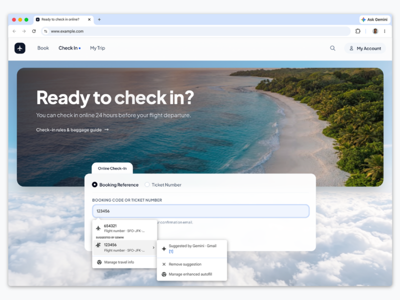 Chrome自动填充开始从Gmail调取航班和订单号