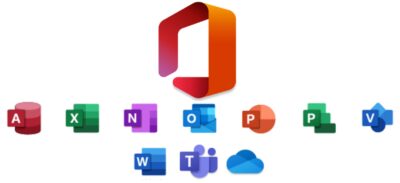 Microsoft 365 app icons including Word, Excel, Outlook, Teams and OneDrive